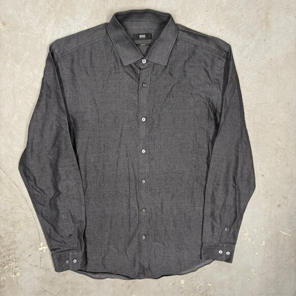 Hugo Boss Slim Fit Dress Shirt Denim "Isaak" Cotton Long Sleeve Grey 41 16 Large - Picture 2 of 11